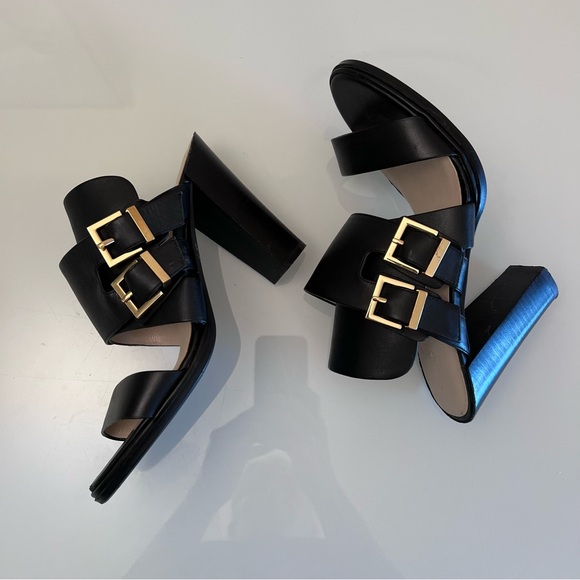 Kenneth Cole New York Shoes - KENNETH COLE | Black & gold buckle accent stack heel fall sandal